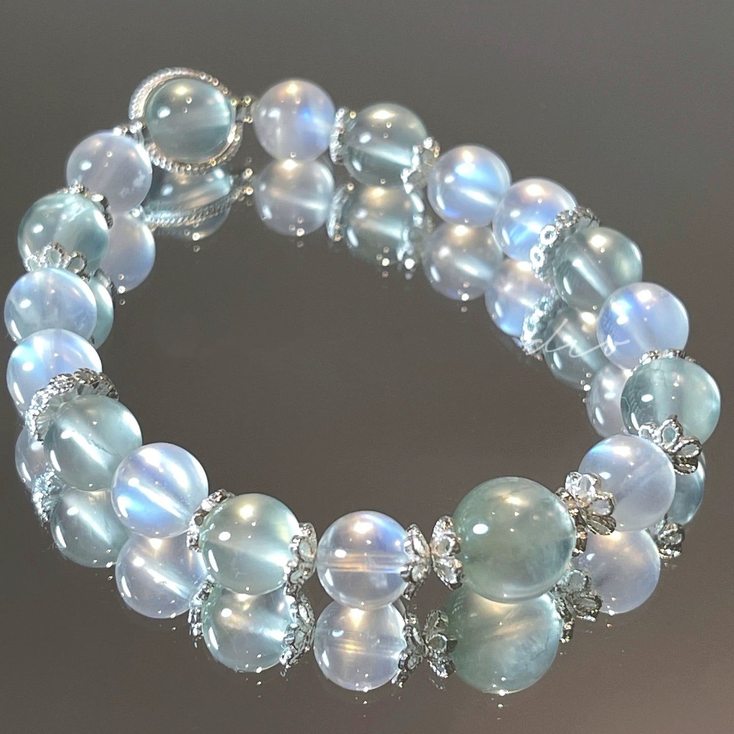 White Tea Serenity — 7A Blue Moonstone & Prehnite Bracelet with Sterling Silver Accents 🌙💧