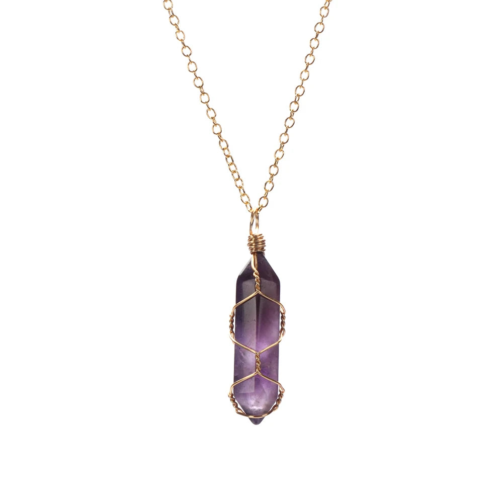 Jewelry Amethyst Blue sand Rose Quartz Hexagonal Cylindrical Crystal Necklace Wire Wrap Stone Pendant Natural Stone