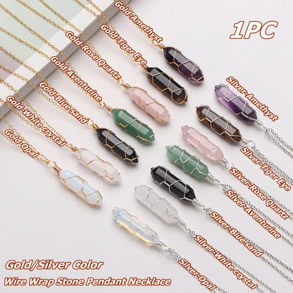 Jewelry Amethyst Blue sand Rose Quartz Hexagonal Cylindrical Crystal Necklace Wire Wrap Stone Pendant Natural Stone
