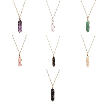 Jewelry Amethyst Blue sand Rose Quartz Hexagonal Cylindrical Crystal Necklace Wire Wrap Stone Pendant Natural Stone
