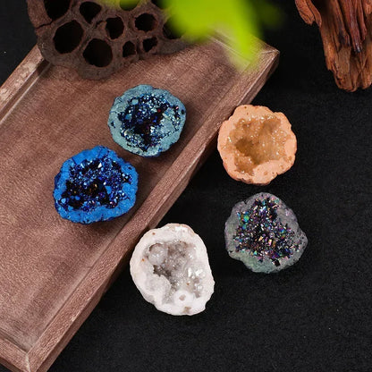Nature Agate Geode Druzy Crystal Cluster — Electroplated Colorful Mineral Specimen for Spiritual Decor 🌈✨