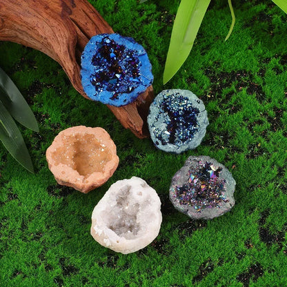 Nature Agate Geode Druzy Crystal Cluster — Electroplated Colorful Mineral Specimen for Spiritual Decor 🌈✨
