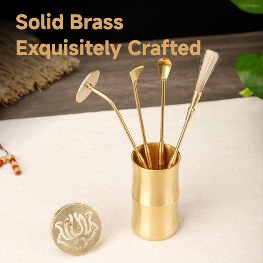 Brass Incense Tool Set — 6-piece solid brass incense accessories for ash preparation, lotus pattern stamping, and ceremonial use.