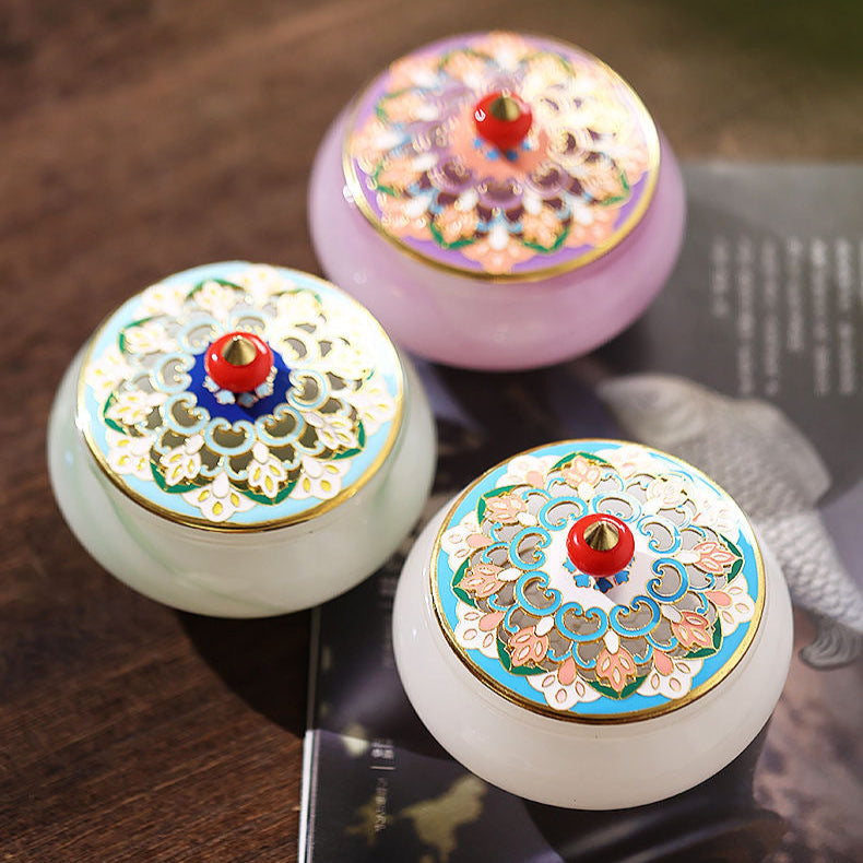 Enamel Jade Incense Burner — Polished jade incense holder with colorful enamel coating, ideal for burning coil or stick incense during yoga, meditation, or relaxation.