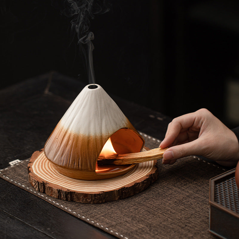 Mt. Fuji Ceramic Incense Fireplace — Kiln-fired ceramic incense burner for Palo Santo, sage, or cones, ideal for meditation, yoga, and stress relief.