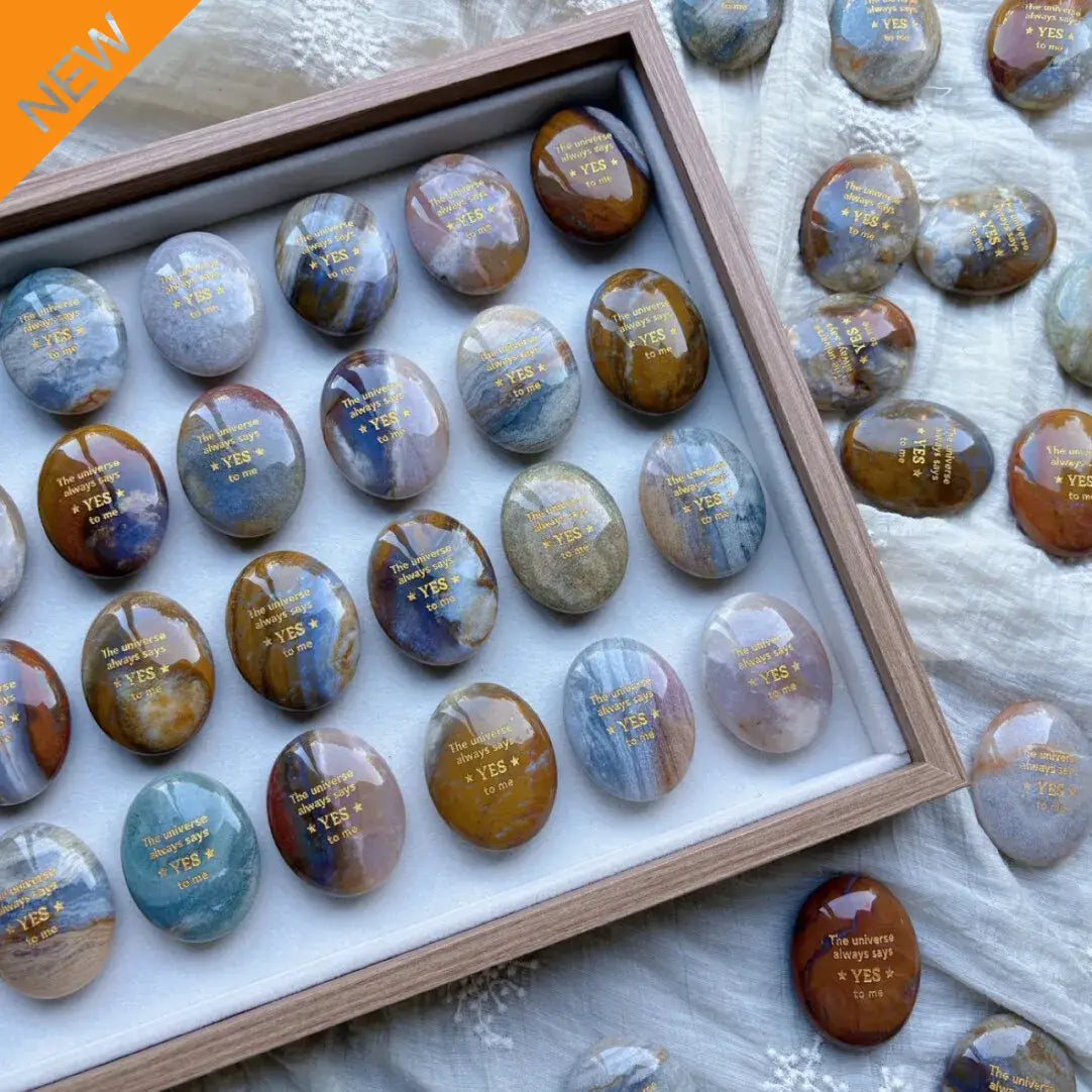 Natural Ocean Chalcedony Healing Palm Stone — Engraved with “The Universe Always Says Yes,” perfect for manifestation, meditation, and spiritual growth.