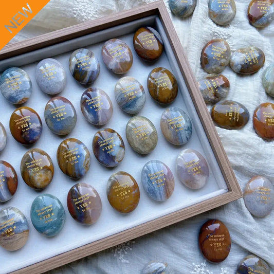 Natural Ocean Chalcedony Healing Palm Stone — Engraved with “The Universe Always Says Yes,” perfect for manifestation, meditation, and spiritual growth.