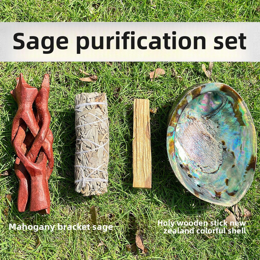 Sage Purification Set — Includes white sage, palo santo stick, abalone shell, and mahogany holder for sacred smoke cleansing rituals.