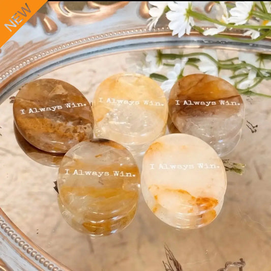 Yellow Fluorite Healing Palm Stone for Manifestation — Engraved with “I Always Win,” attracting confidence, abundance, and universal energy.